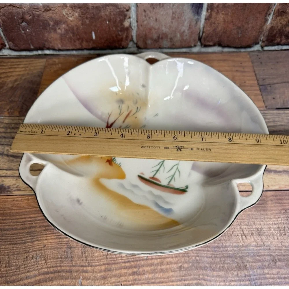 Prov Saxe E S Germany Antique Serving Dish Bowl Clover Shaped Landscape Sailboat